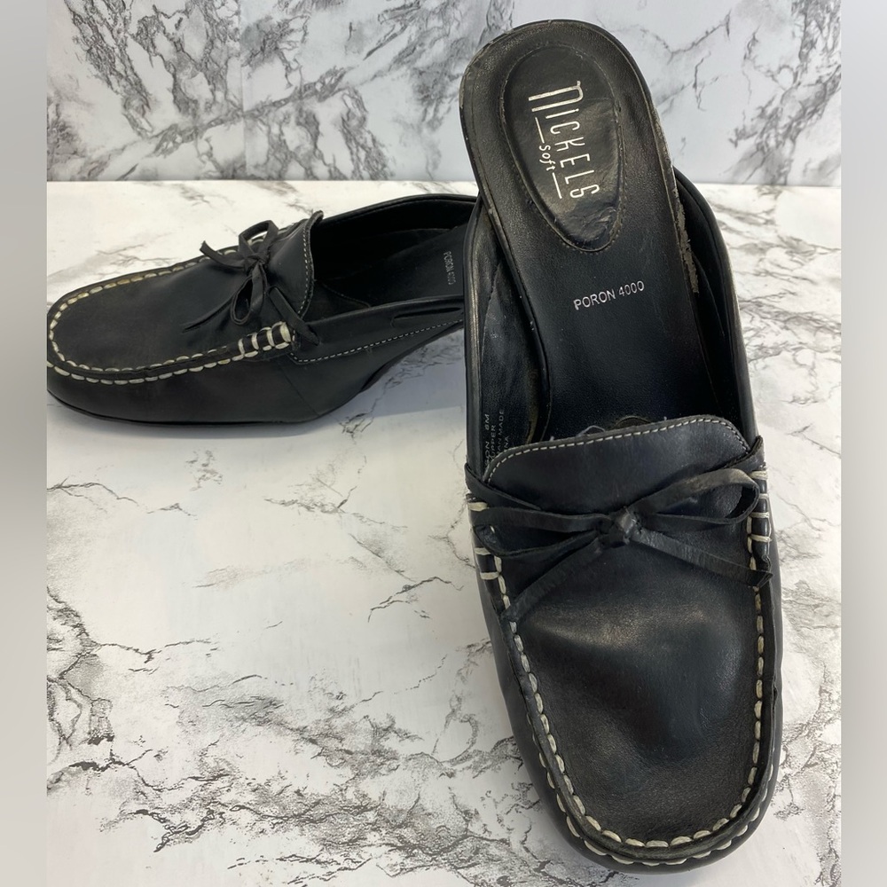 Nickels Soft Hobson Black Leather Mules White Stitches Size 8